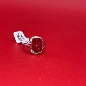  Silver Ring with Large Red Stone and Diamond Accents